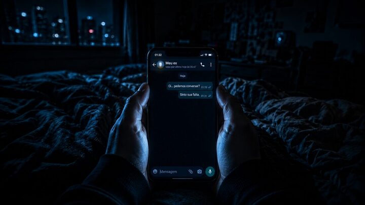 Conversa de tentativa de contato com o ex pelo celular, à noite